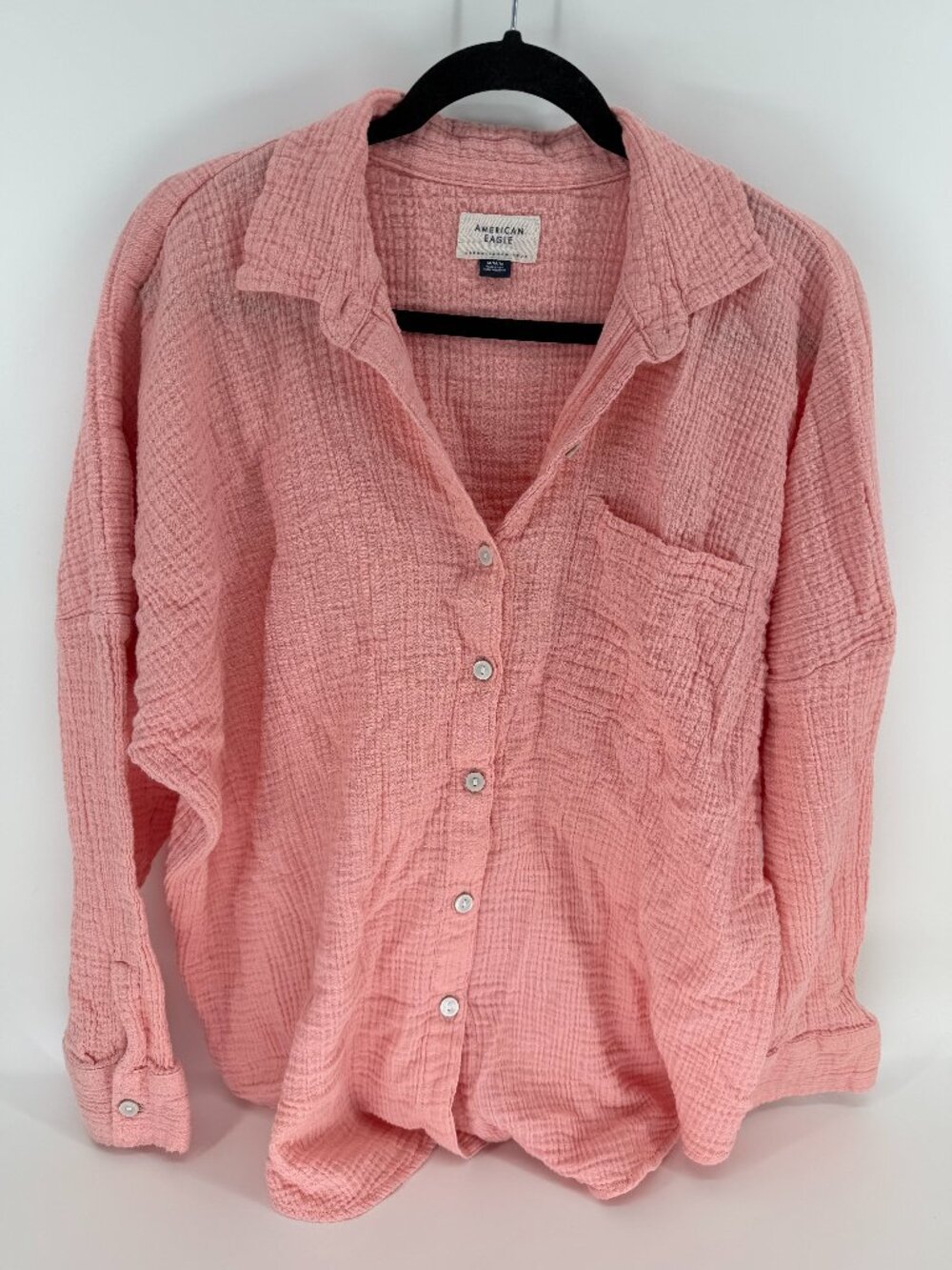 American Eagle Gauze Oversized Shirt Pink Button Up Beach Top Womenâs Sz Med